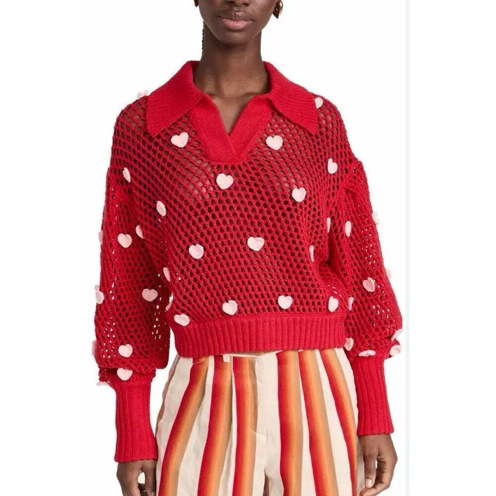 Farm Rio Open Knit Sweater with Hearts | XS in Red and Pink